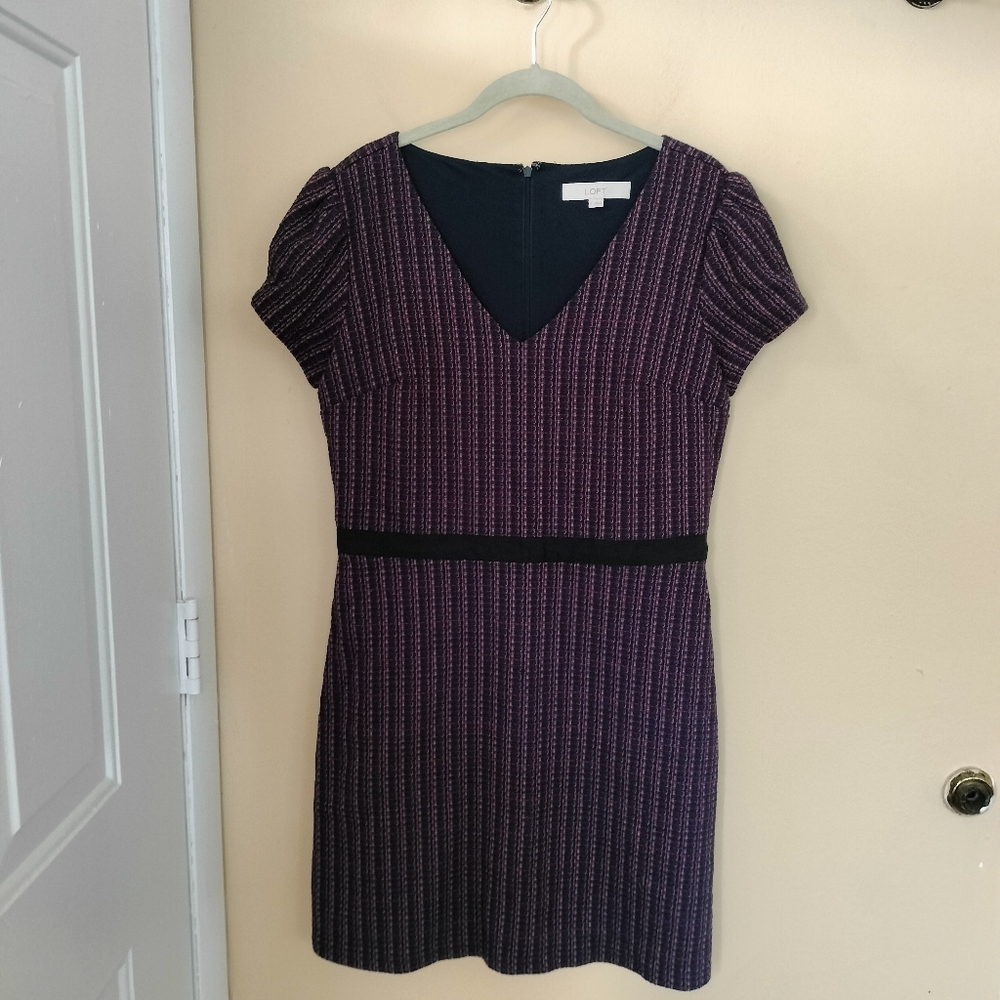 Loft Purple Tweed Lined Cotton Blend Shift Dress 8 Figure Flattering Office